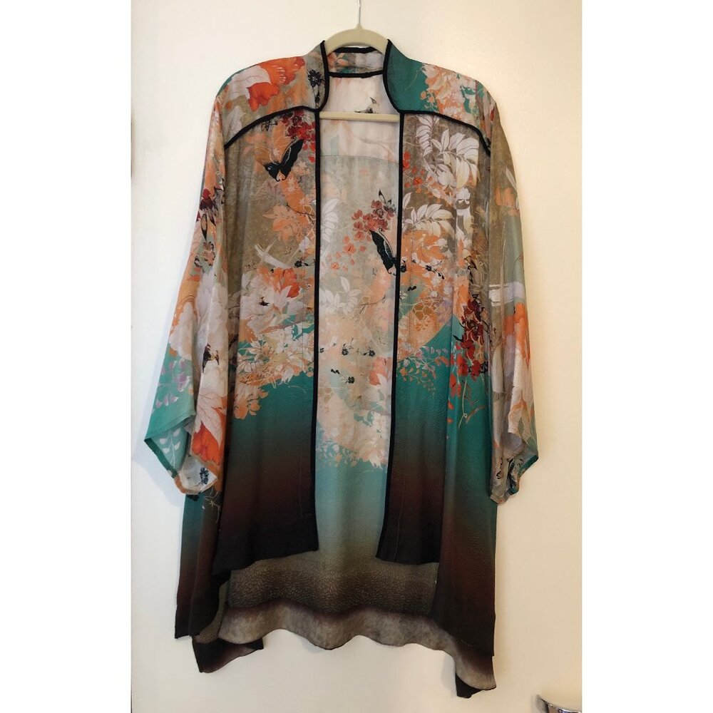 Citron 3X 100% washable silk long sleeve open front, turquoise, brown, peach